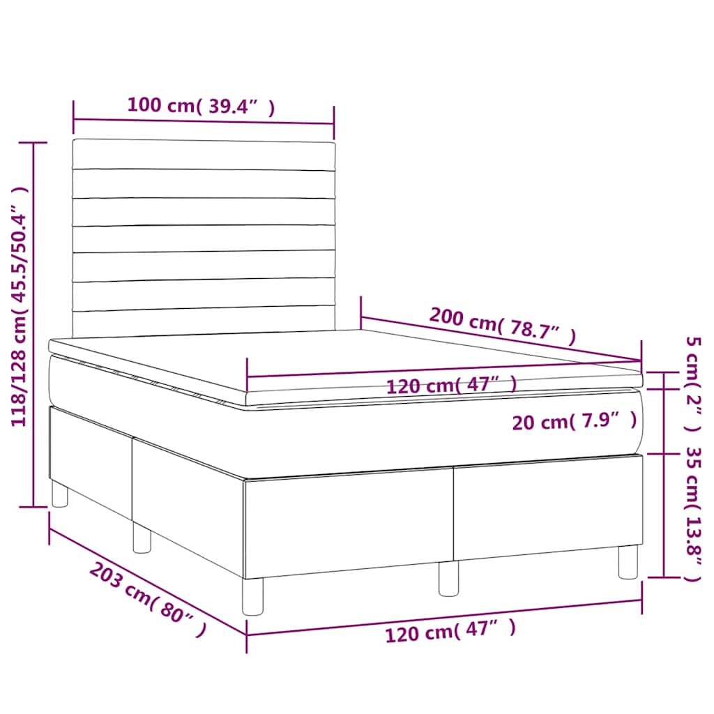 vidaXL Κρεβάτι Boxspring με Στρώμα & LED Μαύρο 120x200 εκ. Υφασμάτινο