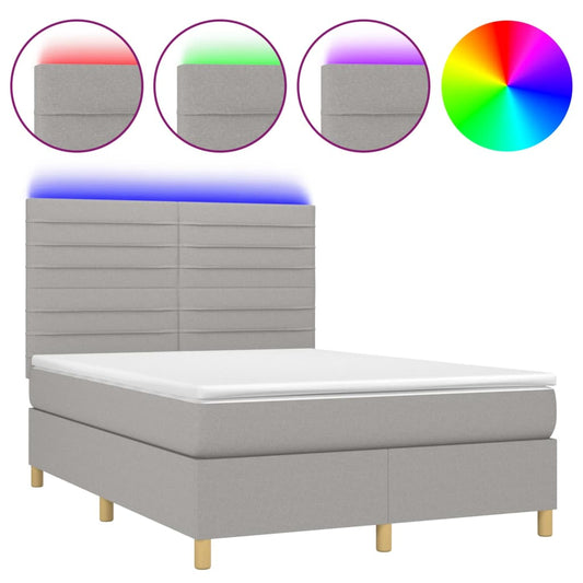 vidaXL Κρεβάτι Boxspring με Στρώμα & LED Αν.Γκρι 140x190εκ. Υφασμάτινο