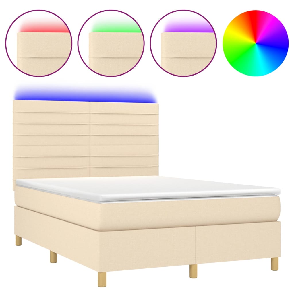 vidaXL Κρεβάτι Boxspring με Στρώμα & LED Κρεμ 140x190 εκ. Υφασμάτινο
