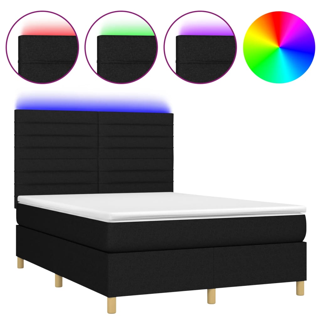 vidaXL Κρεβάτι Boxspring με Στρώμα & LED Μαύρο 140x200 εκ. Υφασμάτινο