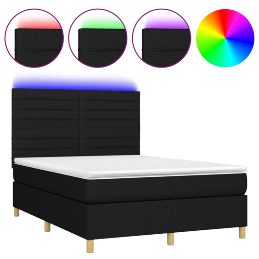 vidaXL Κρεβάτι Boxspring με Στρώμα & LED Μαύρο 140x200 εκ. Υφασμάτινο