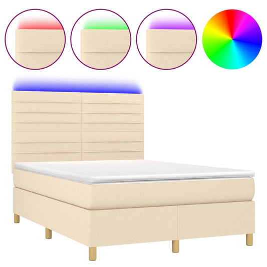 vidaXL Κρεβάτι Boxspring με Στρώμα & LED Κρεμ 140x200 εκ. Υφασμάτινο