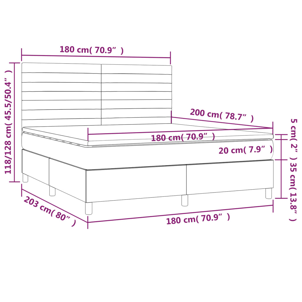 vidaXL Κρεβάτι Boxspring με Στρώμα & LED Σκ.Γκρι 180x200 εκ Υφασμάτινο