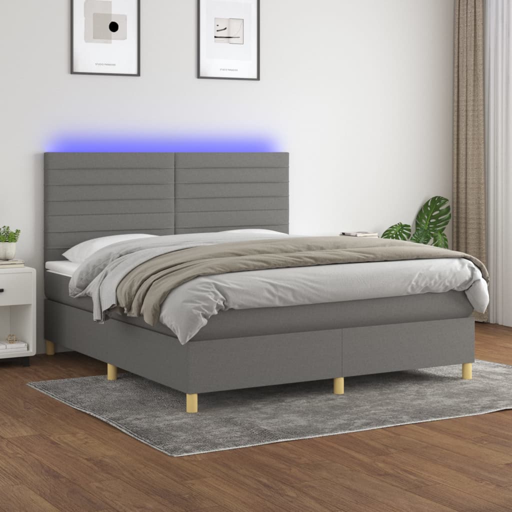 vidaXL Κρεβάτι Boxspring με Στρώμα & LED Σκ.Γκρι 180x200 εκ Υφασμάτινο