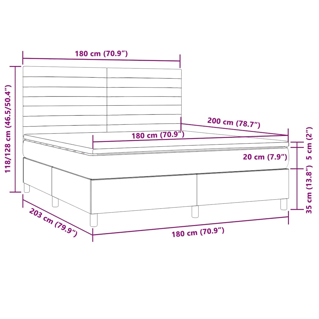 vidaXL Κρεβάτι Boxspring με Στρώμα & LED Σκ.Καφέ 180x200εκ. Υφασμάτινο