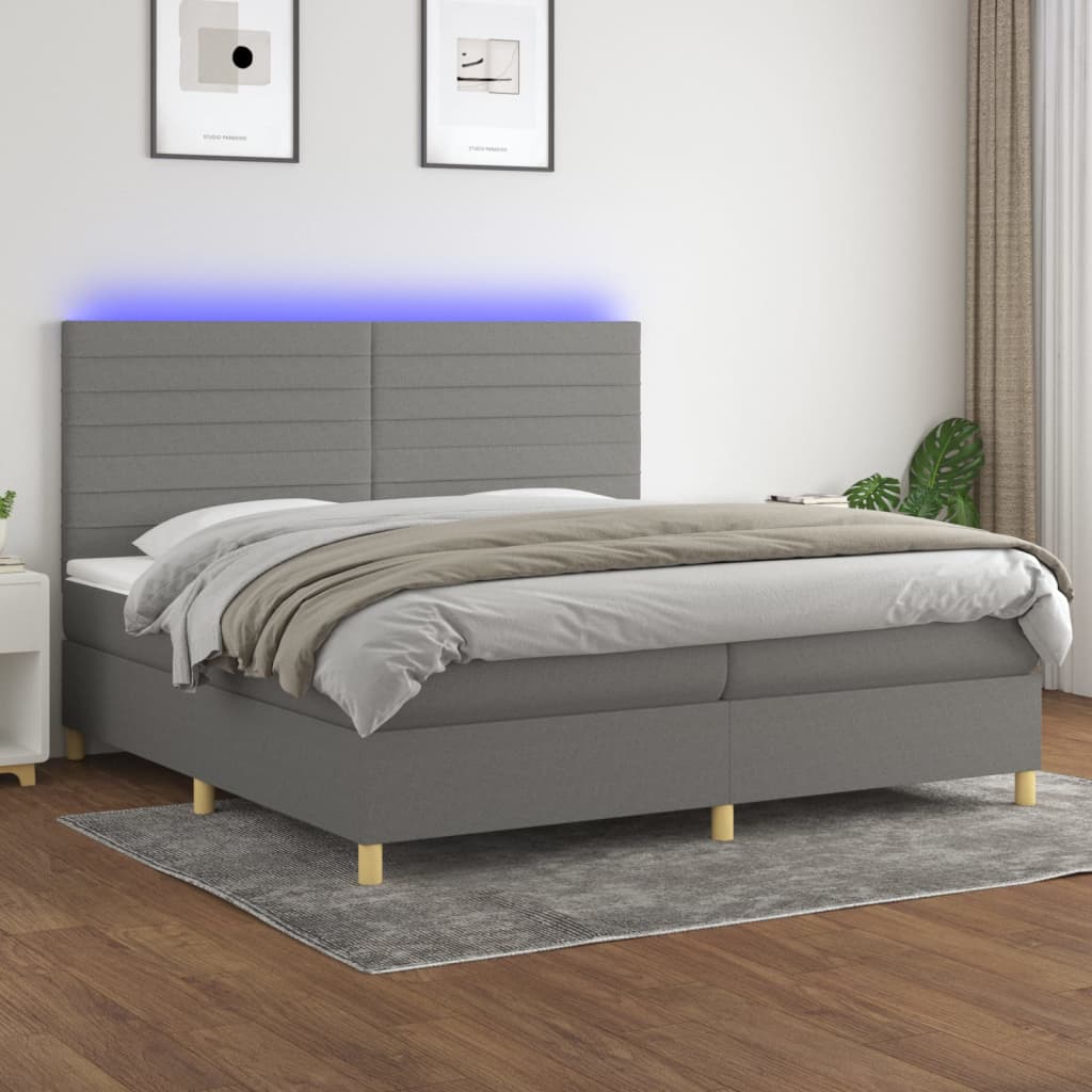 vidaXL Κρεβάτι Boxspring με Στρώμα & LED Σκ.Γκρι 200x200εκ. Υφασμάτινο