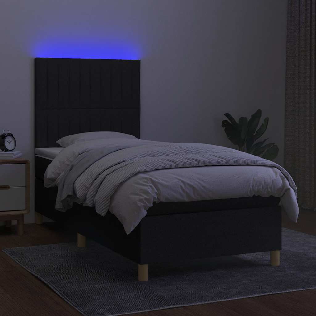 vidaXL Κρεβάτι Boxspring με Στρώμα & LED Μαύρο 90x190 εκ. Υφασμάτινο