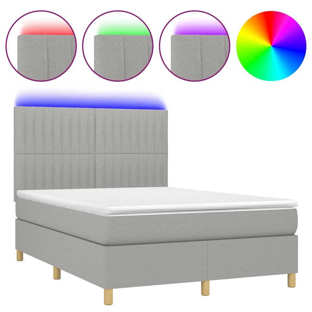 vidaXL Κρεβάτι Boxspring με Στρώμα & LED Αν.Γκρι 140x190εκ. Υφασμάτινο