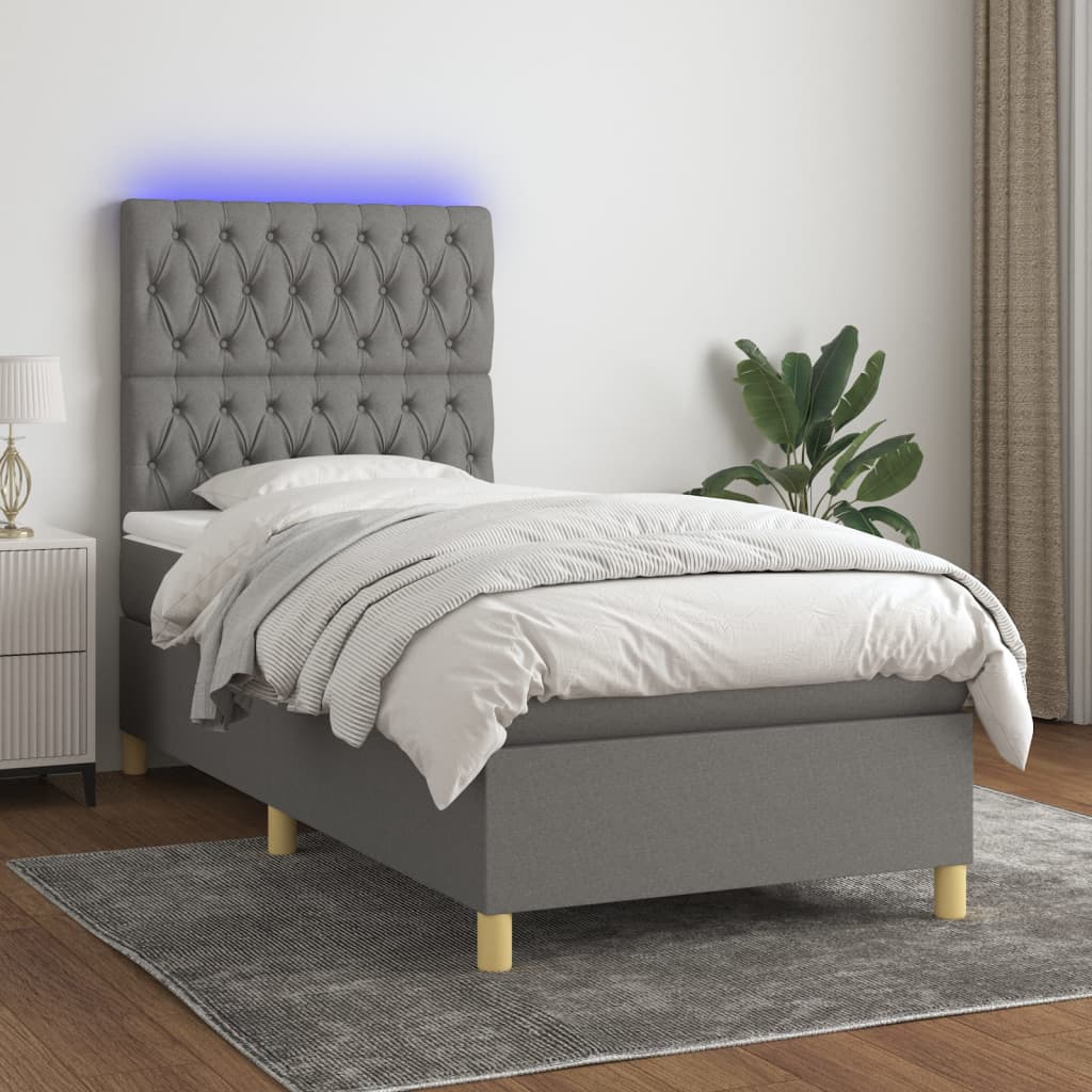 vidaXL Κρεβάτι Boxspring με Στρώμα & LED Σκ.Γκρι 90x200 εκ. Υφασμάτινο