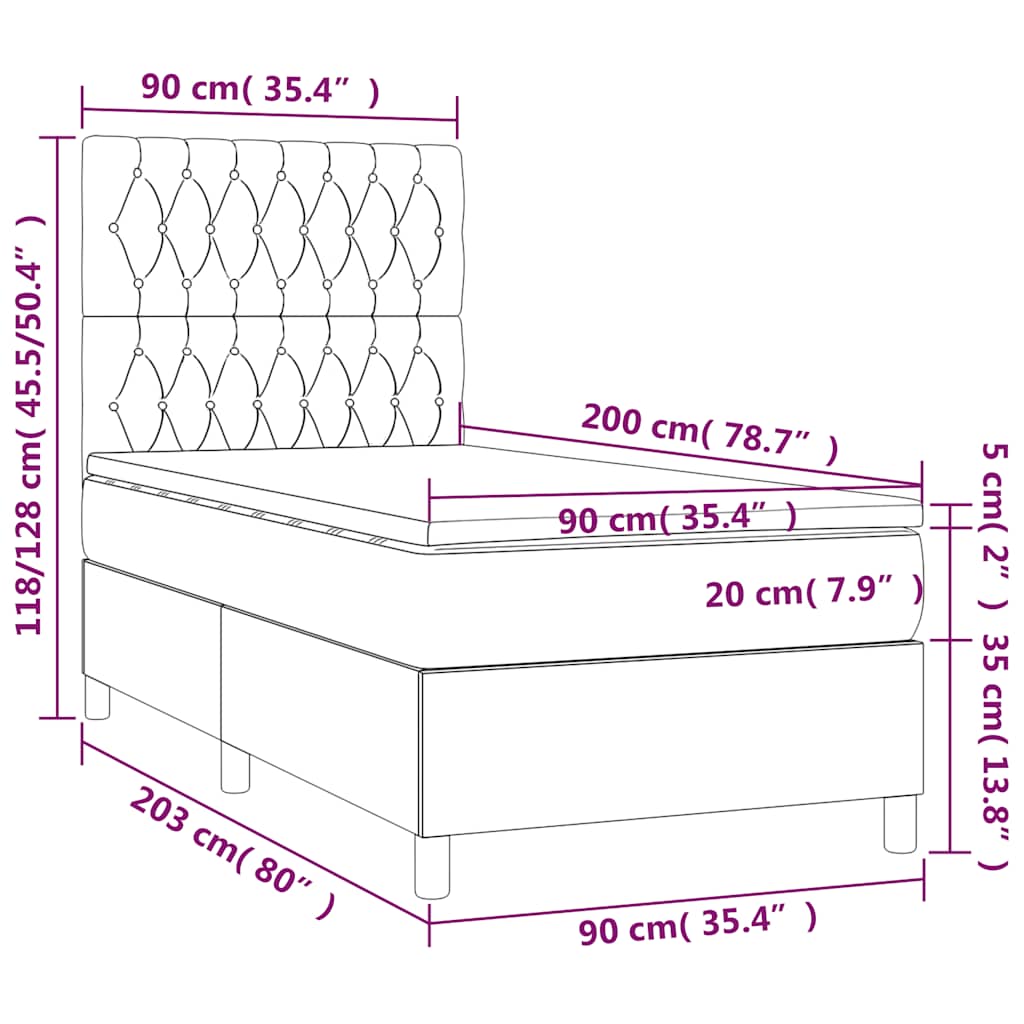 vidaXL Κρεβάτι Boxspring με Στρώμα & LED Μαύρο 90x200 εκ. Υφασμάτινο