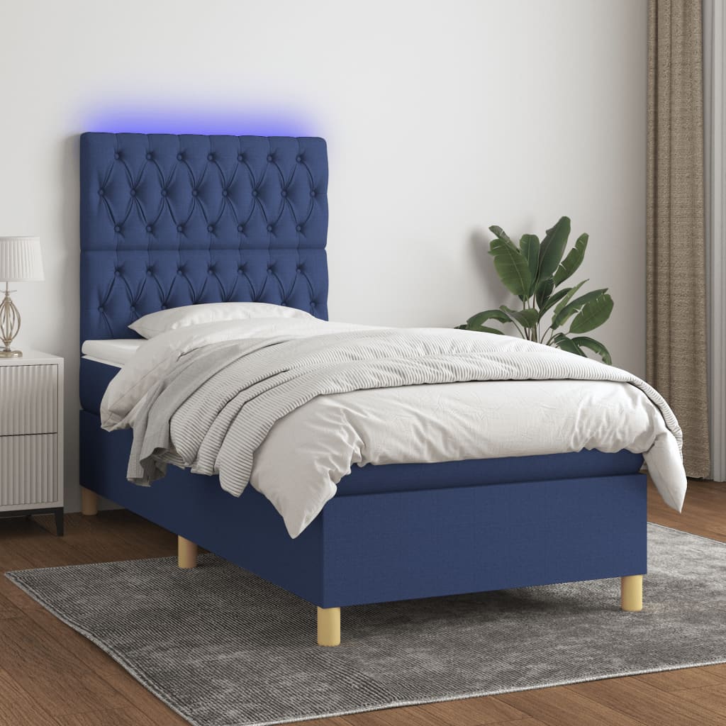 vidaXL Κρεβάτι Boxspring με Στρώμα & LED Μπλε 100x200 εκ. Υφασμάτινο