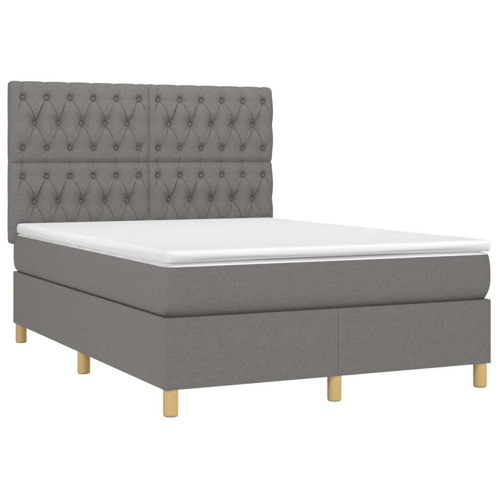 vidaXL Κρεβάτι Boxspring με Στρώμα & LED Σκ.Γκρι 140x190εκ. Υφασμάτινο