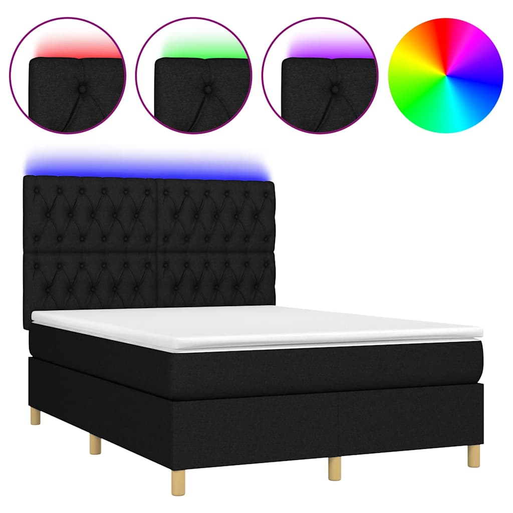 vidaXL Κρεβάτι Boxspring με Στρώμα & LED Μαύρο 140x190 εκ. Υφασμάτινο