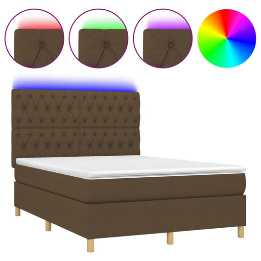 vidaXL Κρεβάτι Boxspring με Στρώμα & LED Σκ.Καφέ 140x190εκ. Υφασμάτινο