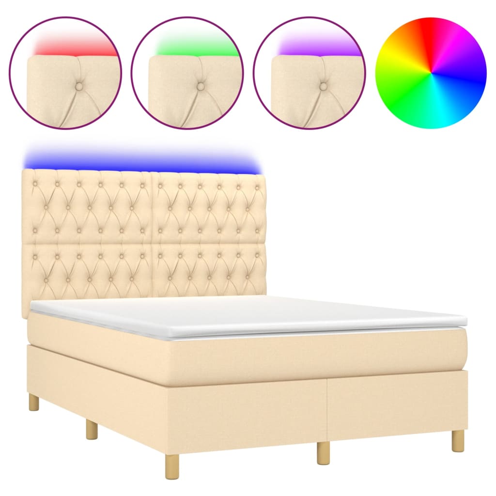 vidaXL Κρεβάτι Boxspring με Στρώμα & LED Κρεμ 140x190 εκ. Υφασμάτινο