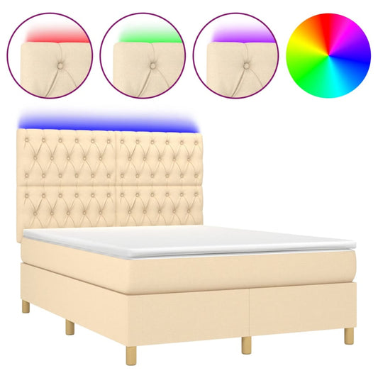 vidaXL Κρεβάτι Boxspring με Στρώμα & LED Κρεμ 140x190 εκ. Υφασμάτινο