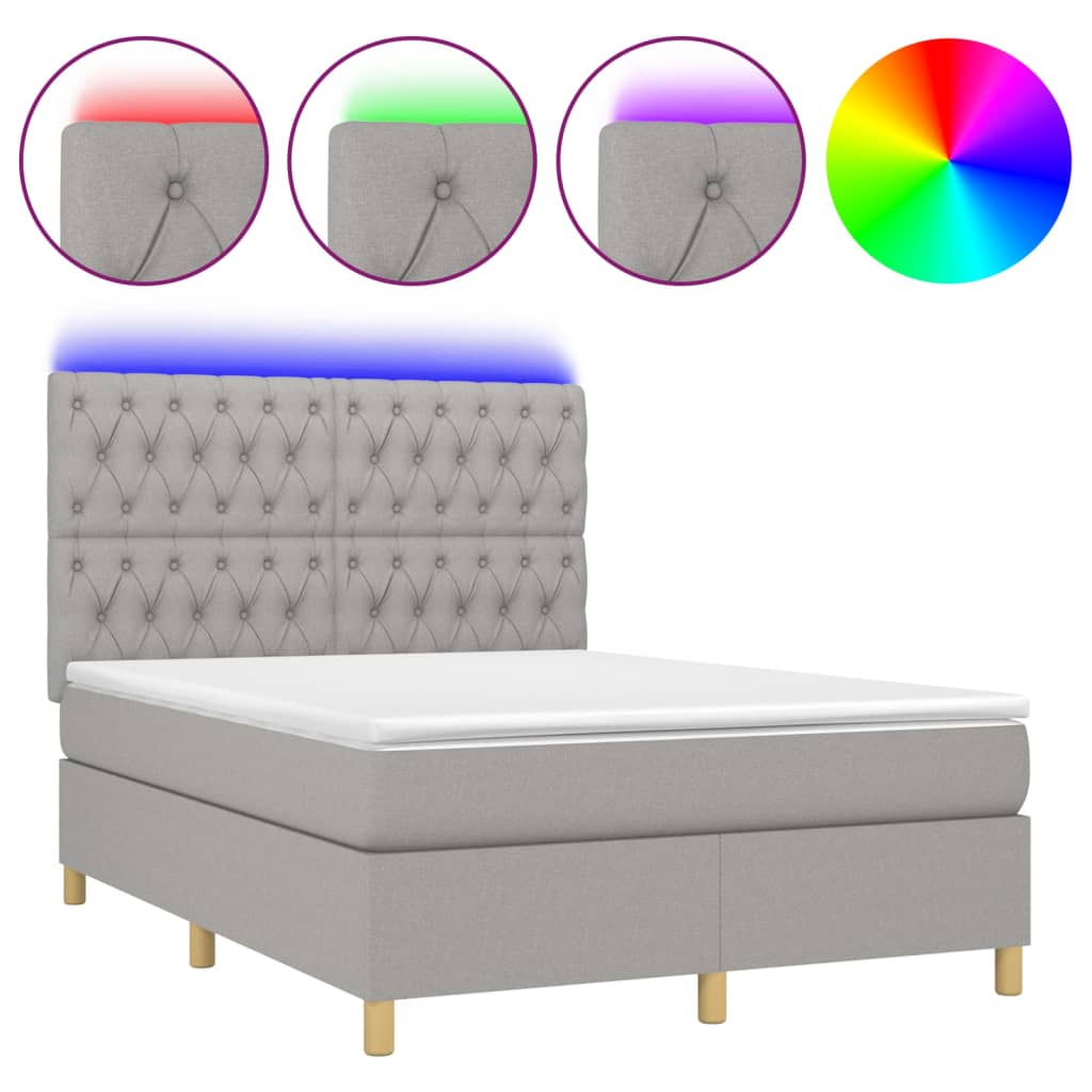 vidaXL Κρεβάτι Boxspring με Στρώμα & LED Αν.Γκρι 140x200εκ. Υφασμάτινο