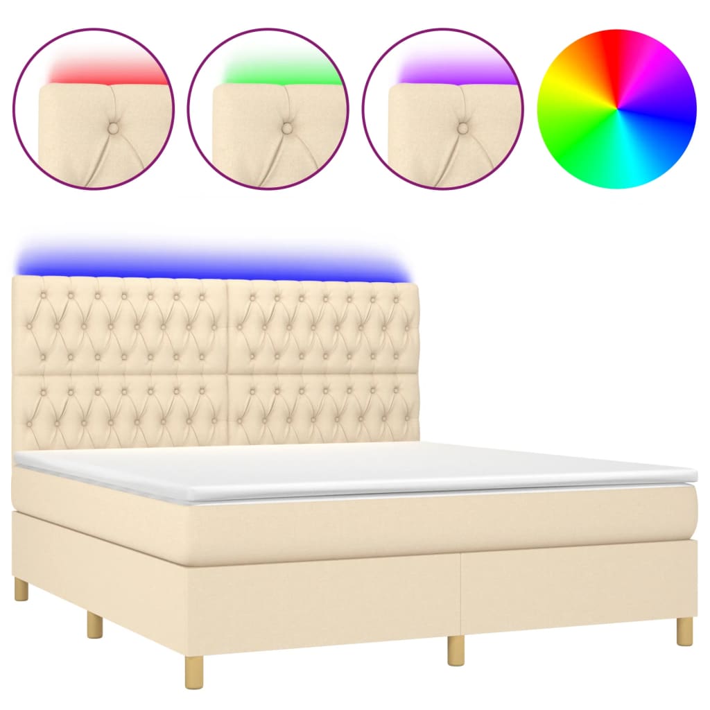 vidaXL Κρεβάτι Boxspring με Στρώμα & LED Κρεμ 180x200 εκ. Υφασμάτινο