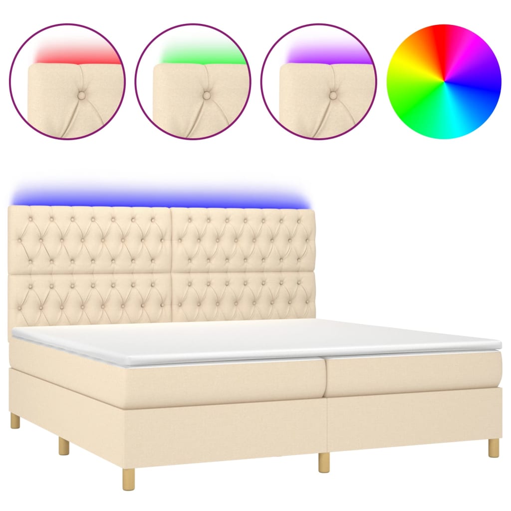 vidaXL Κρεβάτι Boxspring με Στρώμα & LED Κρεμ 200x200 εκ. Υφασμάτινο