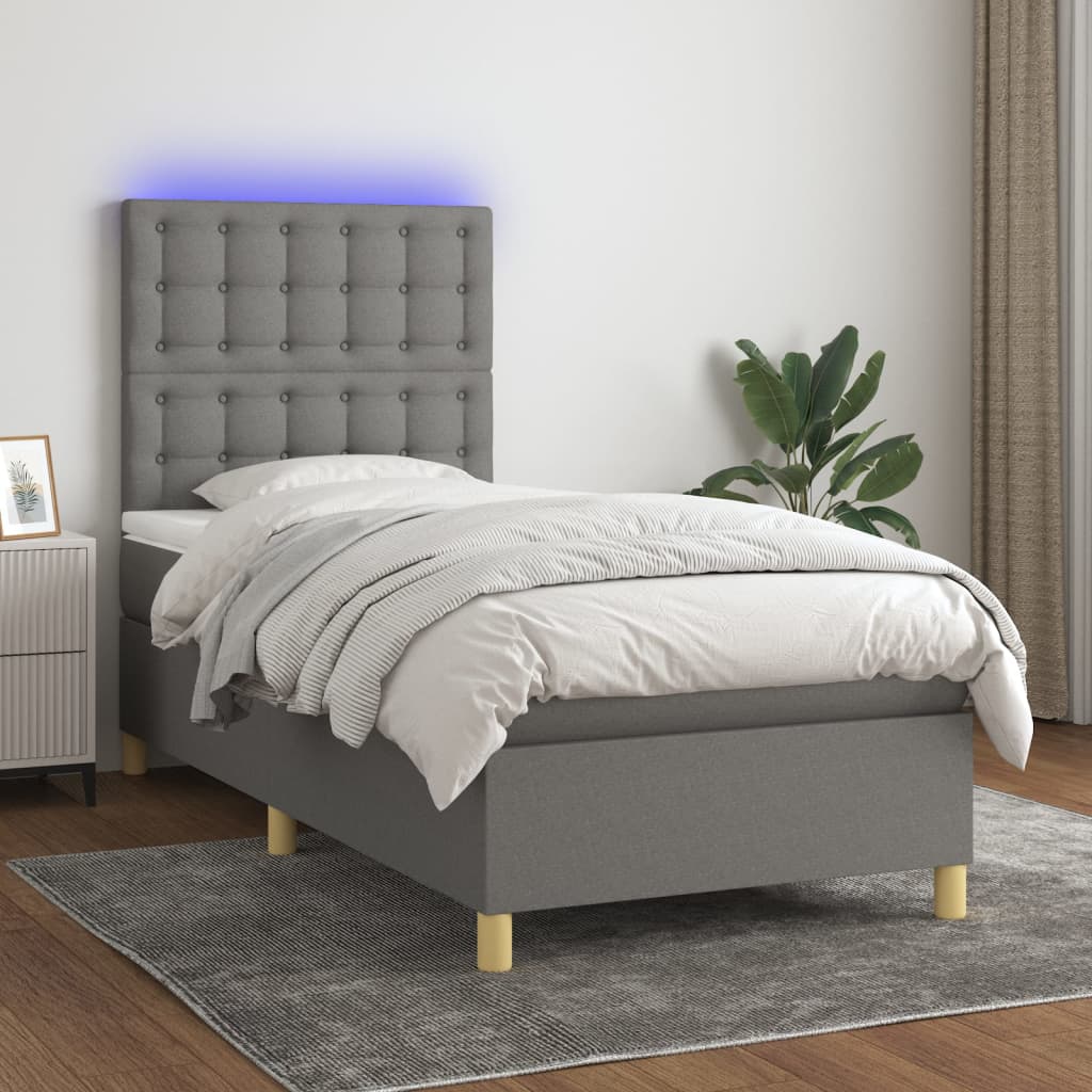 vidaXL Κρεβάτι Boxspring με Στρώμα & LED Σκ.Γκρι 90x200 εκ. Υφασμάτινο