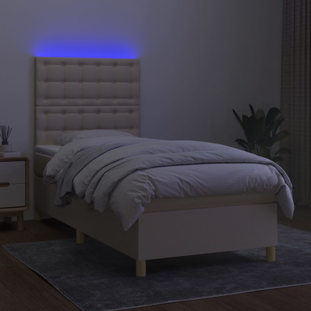 vidaXL Κρεβάτι Boxspring με Στρώμα & LED Κρεμ 90x200 εκ. Υφασμάτινο