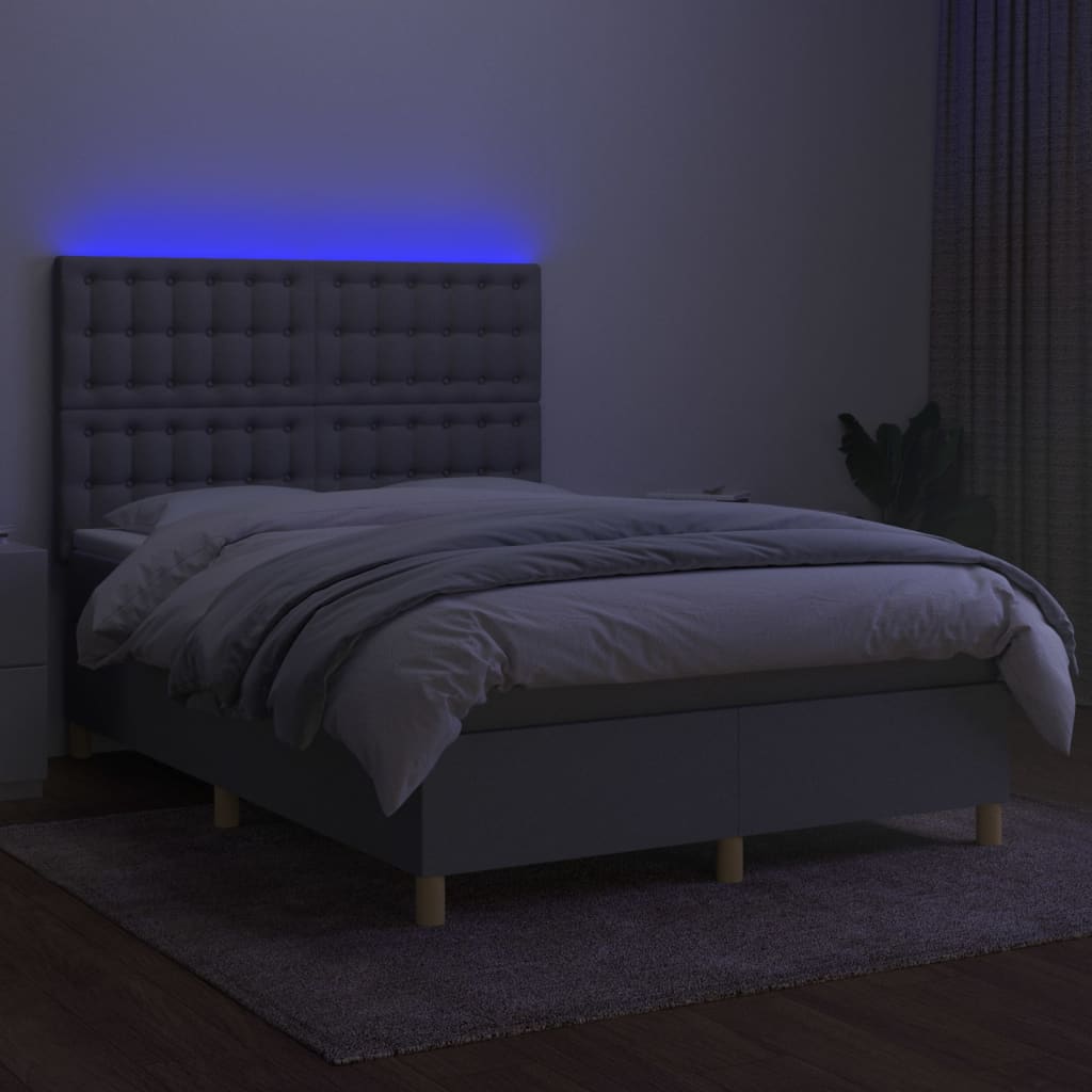 vidaXL Κρεβάτι Boxspring με Στρώμα & LED Αν.Γκρι 140x200εκ. Υφασμάτινο