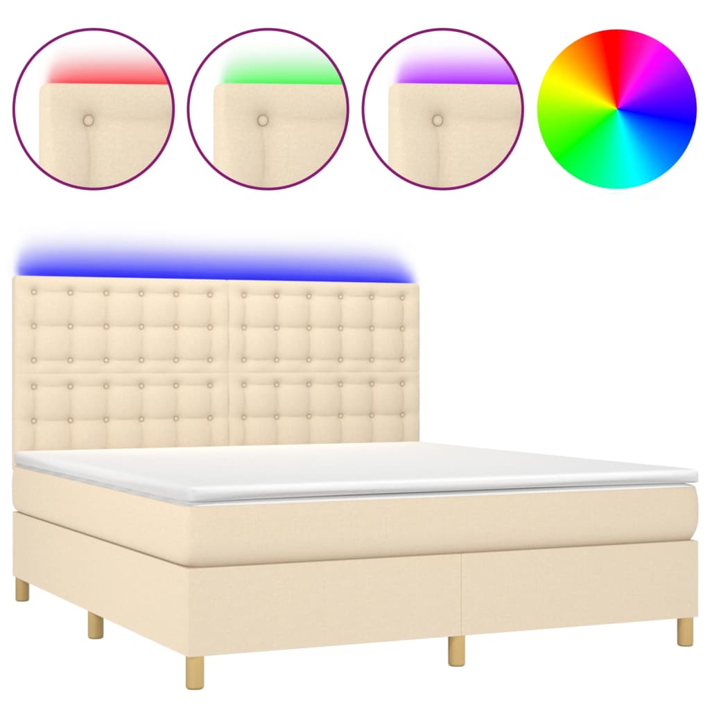 vidaXL Κρεβάτι Boxspring με Στρώμα & LED Κρεμ 180x200 εκ. Υφασμάτινο