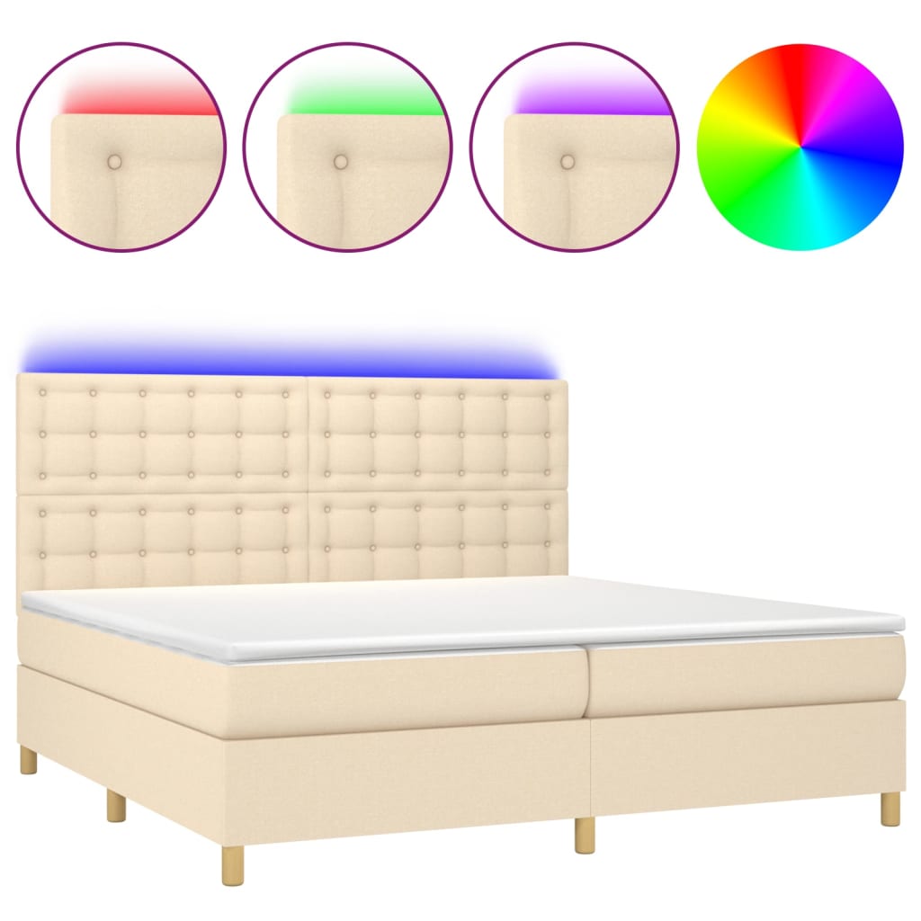vidaXL Κρεβάτι Boxspring με Στρώμα & LED Κρεμ 200x200 εκ. Υφασμάτινο