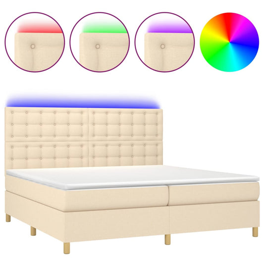 vidaXL Κρεβάτι Boxspring με Στρώμα & LED Κρεμ 200x200 εκ. Υφασμάτινο