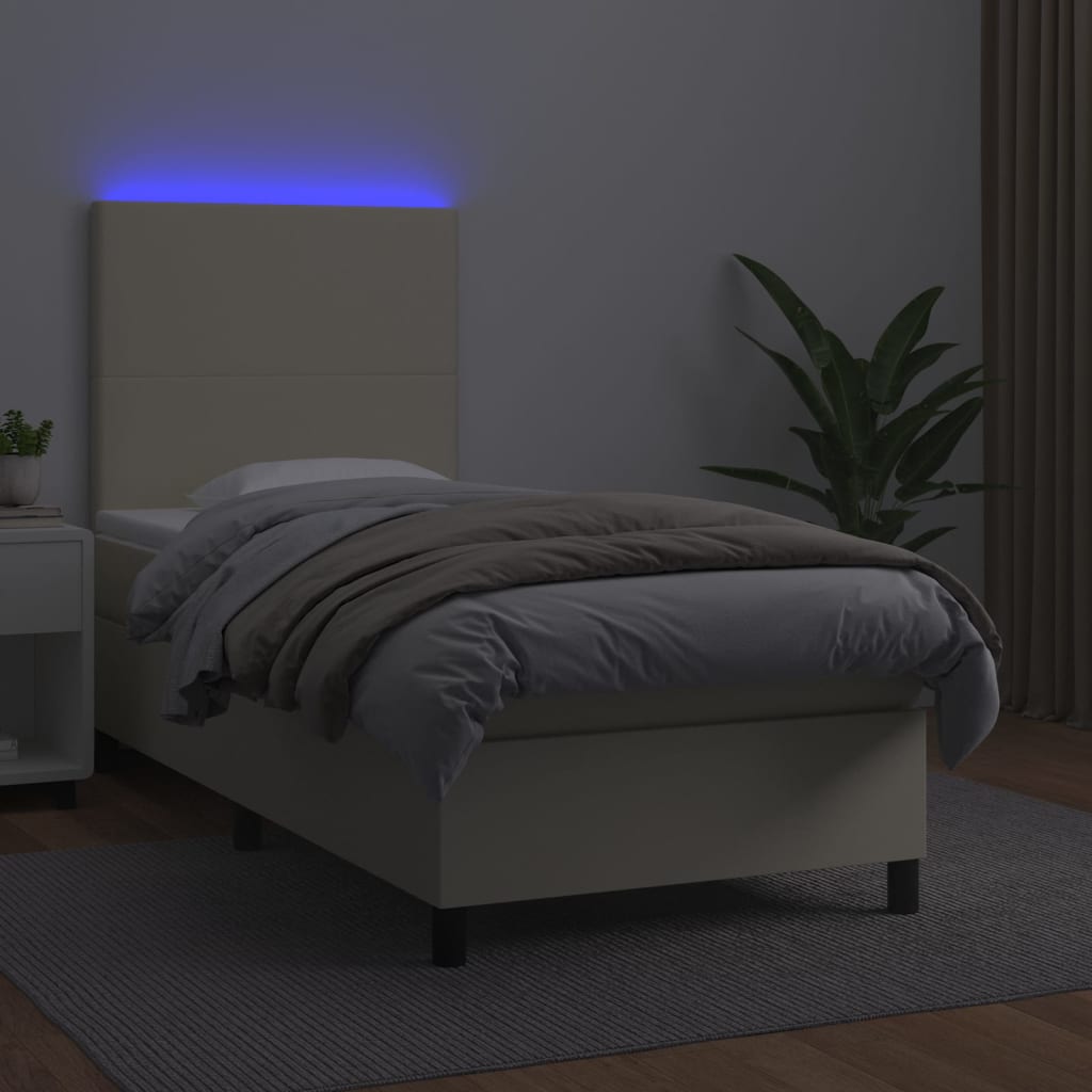vidaXL Κρεβάτι Boxspring με Στρώμα & LED Κρεμ 90x190 εκ. Συνθ. Δέρμα