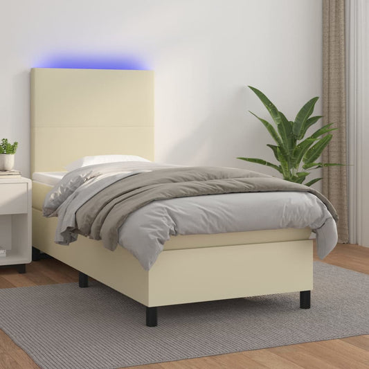 vidaXL Κρεβάτι Boxspring με Στρώμα & LED Κρεμ 90x190 εκ. Συνθ. Δέρμα