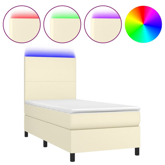 vidaXL Κρεβάτι Boxspring με Στρώμα & LED Κρεμ 90x200 εκ. Συνθ. Δέρμα
