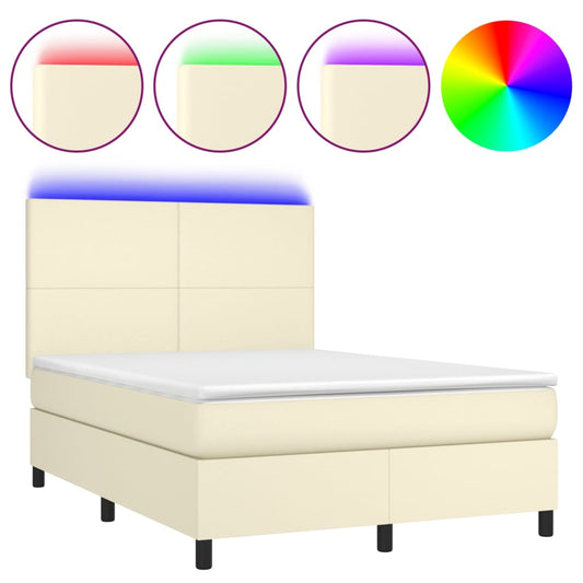 vidaXL Κρεβάτι Boxspring με Στρώμα & LED Κρεμ 140x190 εκ. Συνθ. Δέρμα