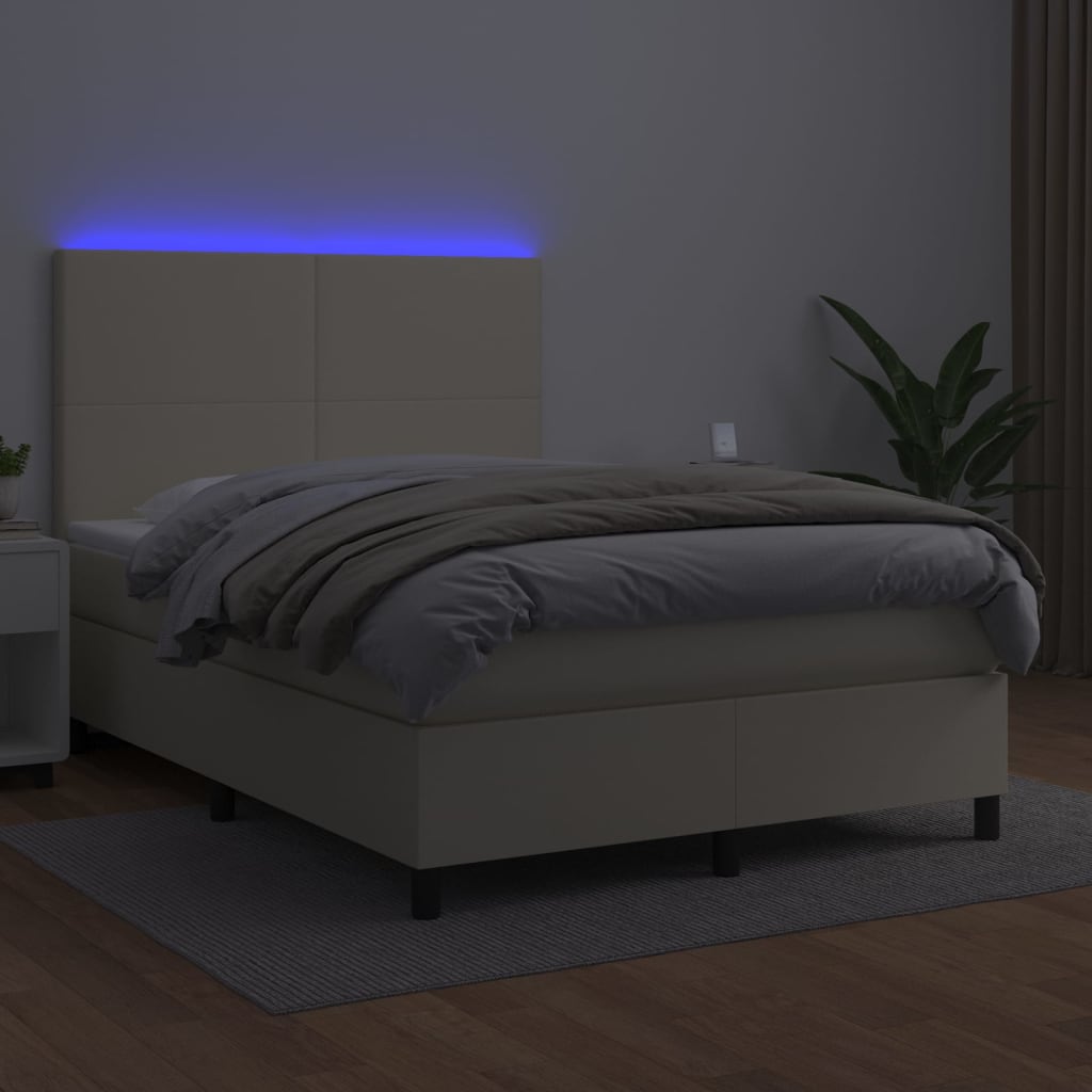 vidaXL Κρεβάτι Boxspring με Στρώμα & LED Κρεμ 140x190 εκ. Συνθ. Δέρμα