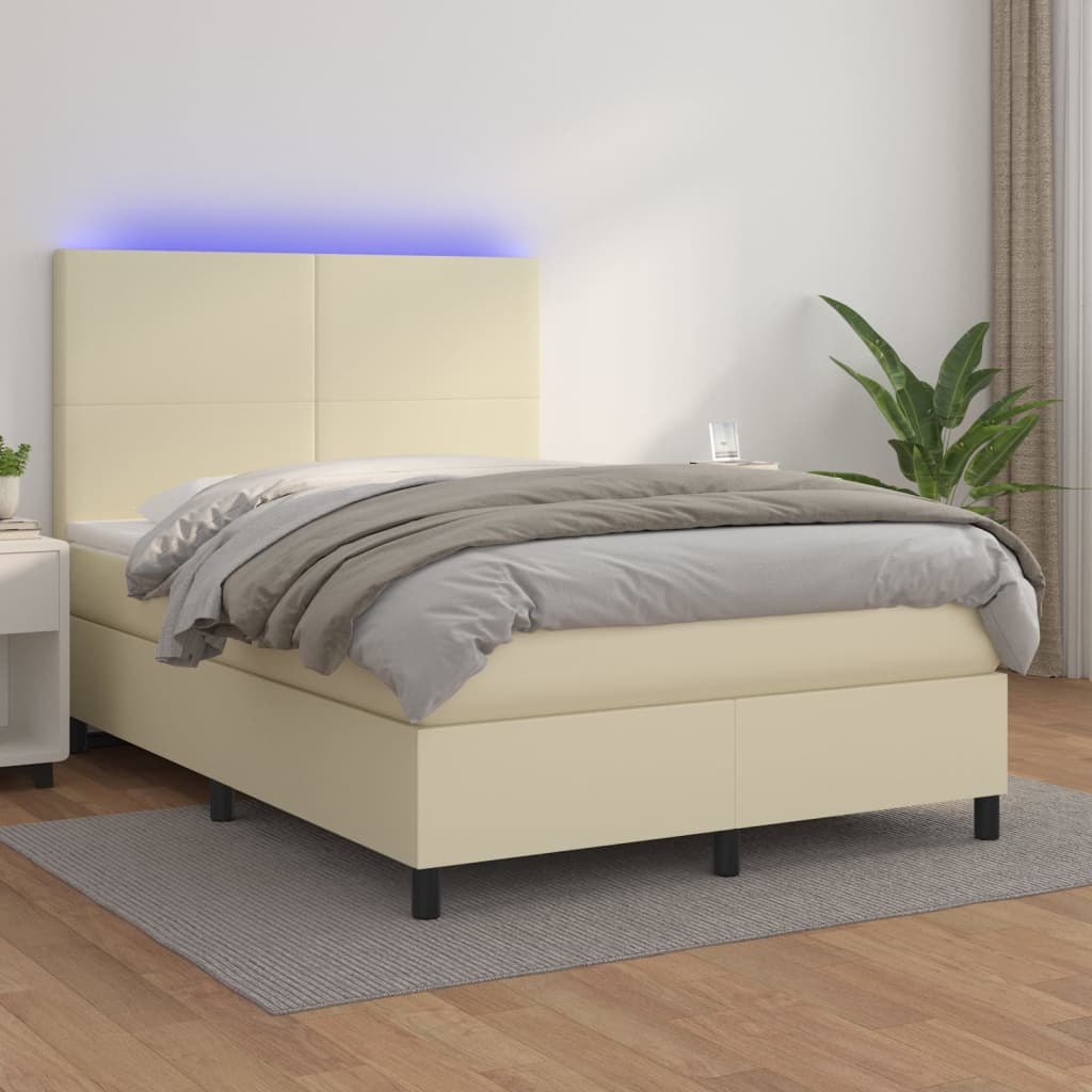 vidaXL Κρεβάτι Boxspring με Στρώμα & LED Κρεμ 140x190 εκ. Συνθ. Δέρμα