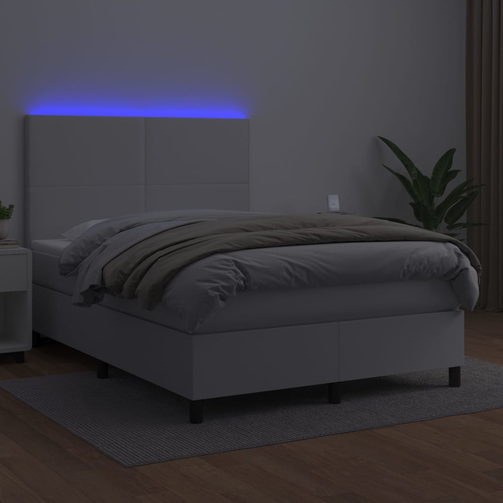 vidaXL Κρεβάτι Boxspring με Στρώμα & LED Λευκό 140x200 εκ. Συνθ. Δέρμα