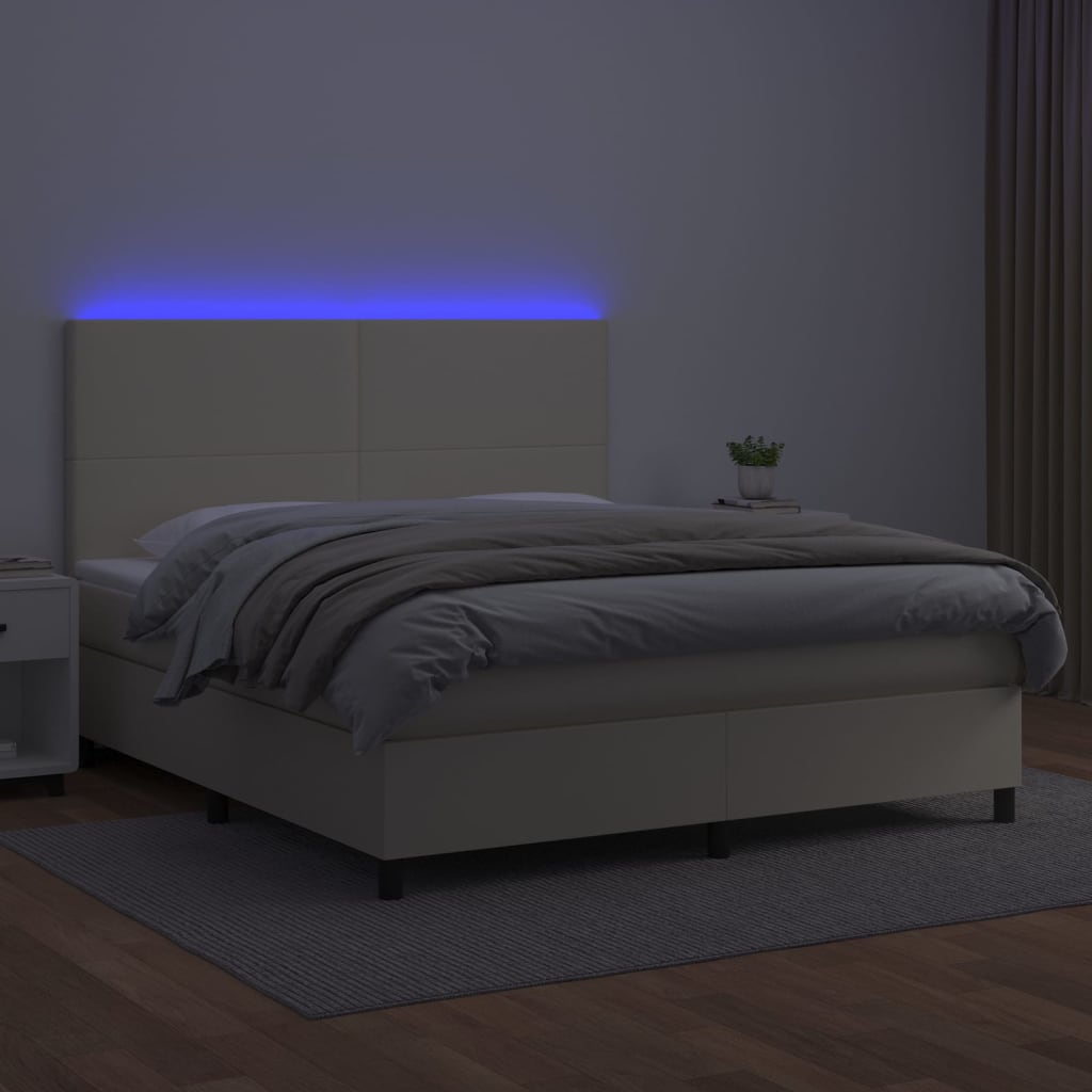 vidaXL Κρεβάτι Boxspring με Στρώμα & LED Κρεμ 180x200 εκ. Συνθ. Δέρμα