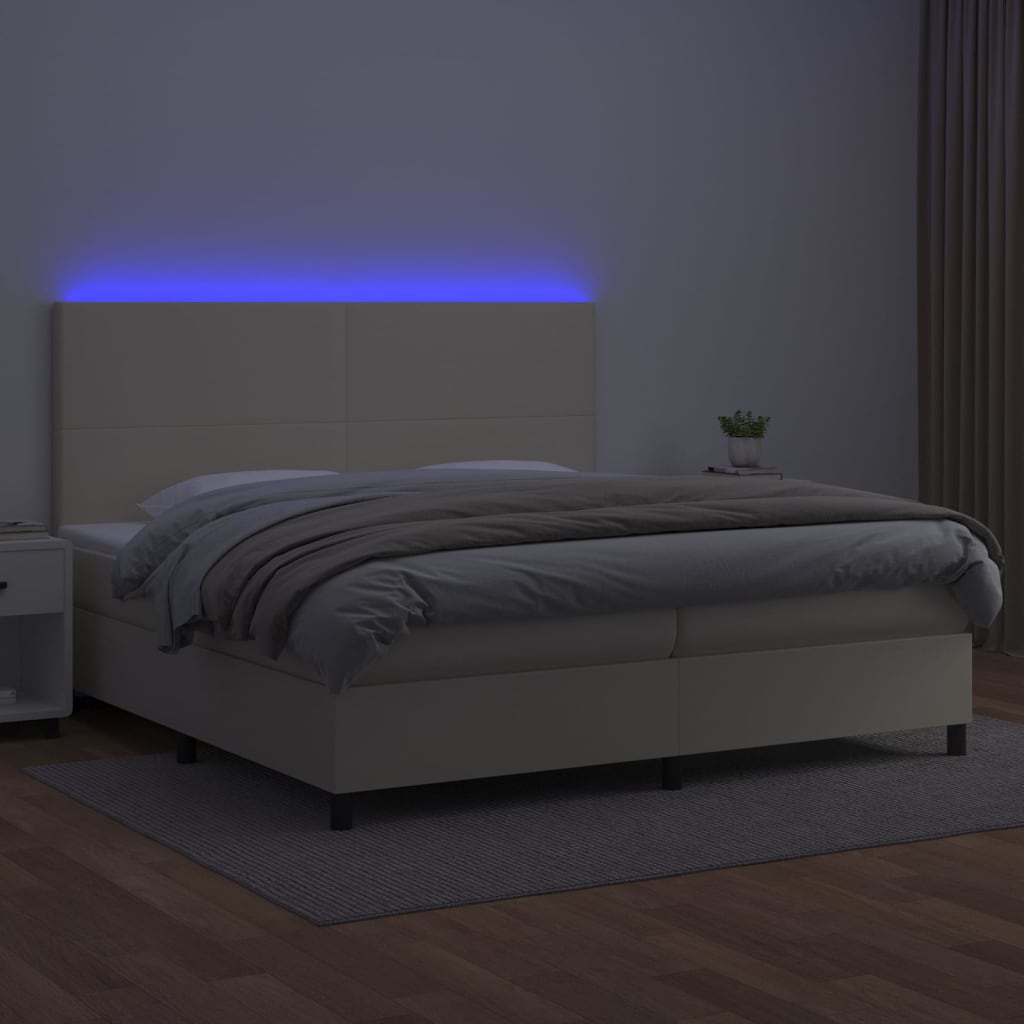 vidaXL Κρεβάτι Boxspring με Στρώμα & LED Κρεμ 200x200 εκ. Συνθ. Δέρμα