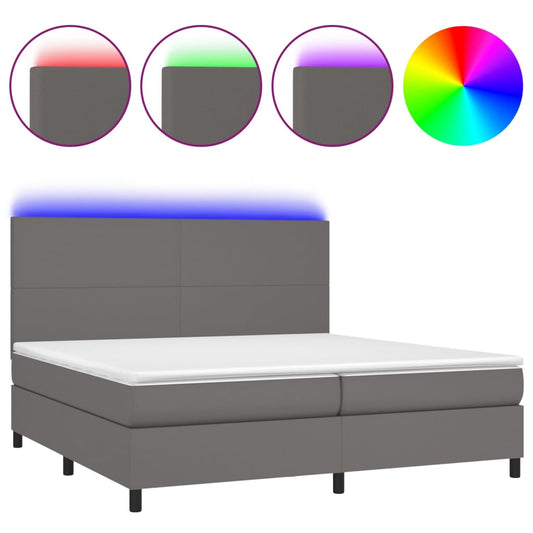 vidaXL Κρεβάτι Boxspring με Στρώμα & LED Γκρι 200x200 εκ. Συνθ. Δέρμα