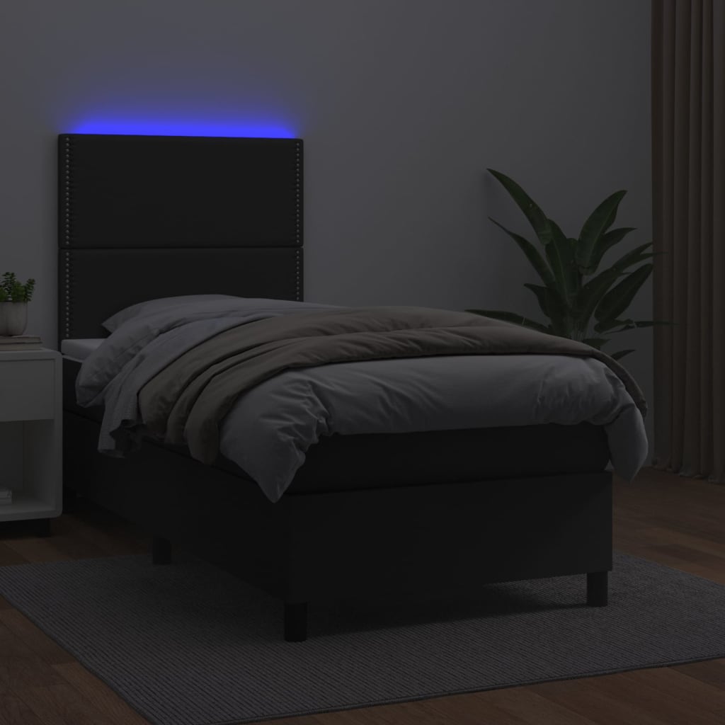 vidaXL Κρεβάτι Boxspring με Στρώμα & LED Μαύρο 90x200 εκ. Συνθ. Δέρμα