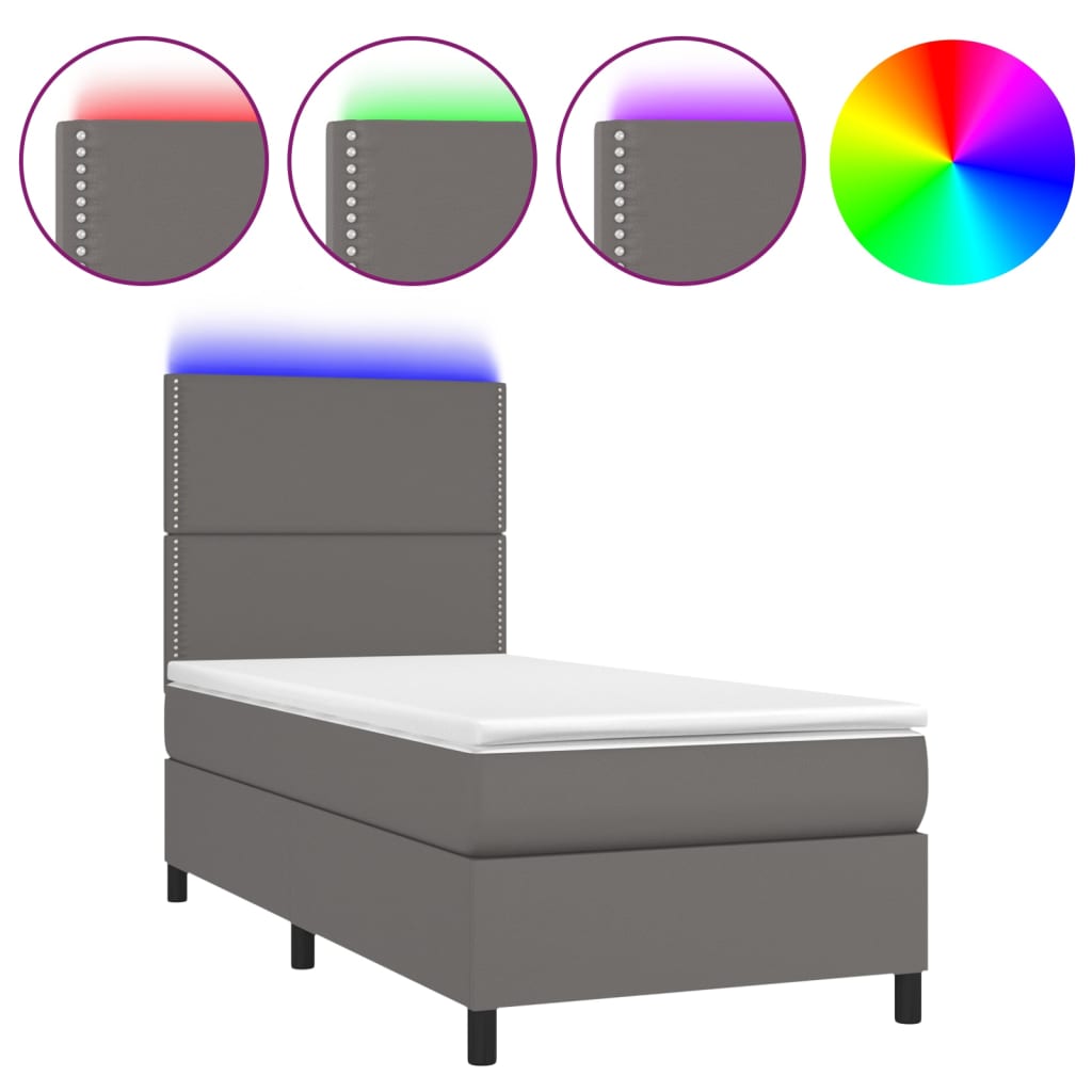 vidaXL Κρεβάτι Boxspring με Στρώμα & LED Γκρι 100x200 εκ. Συνθ. Δέρμα