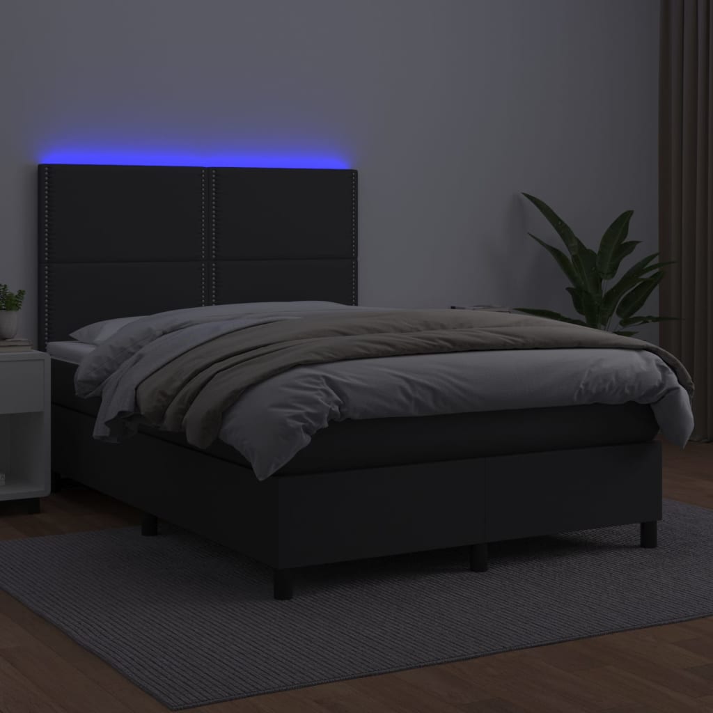vidaXL Κρεβάτι Boxspring με Στρώμα & LED Μαύρο 140x200 εκ. Συνθ. Δέρμα