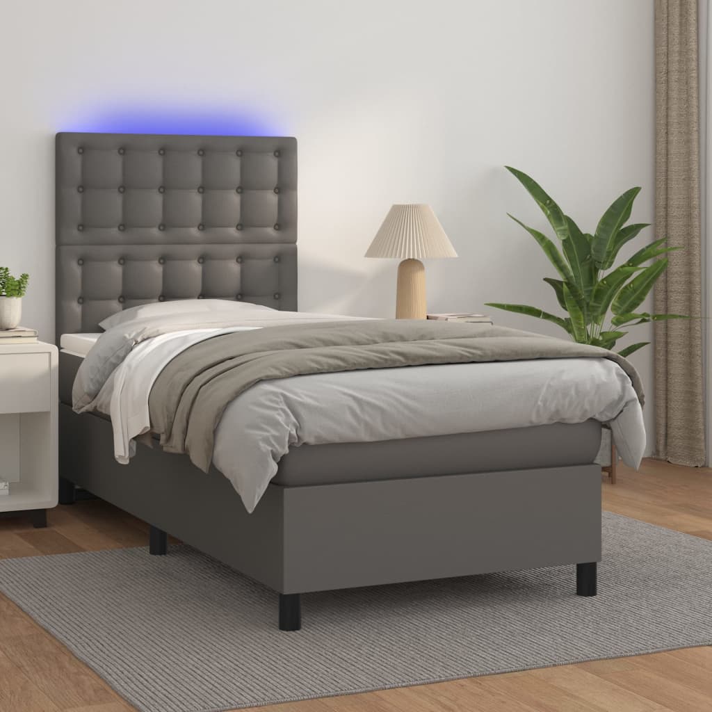 vidaXL Κρεβάτι Boxspring με Στρώμα & LED Γκρι 90x190 εκ. Συνθ. Δέρμα