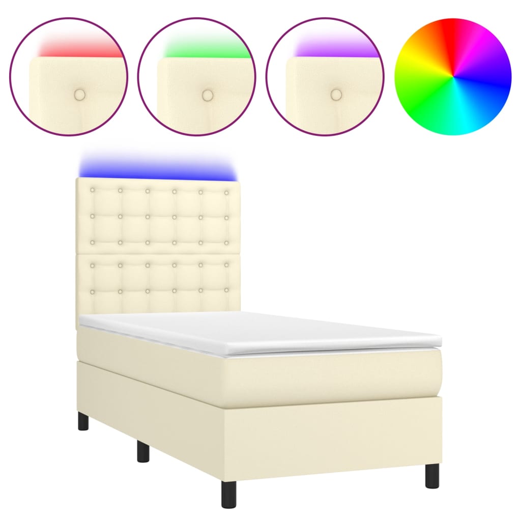 vidaXL Κρεβάτι Boxspring με Στρώμα & LED Κρεμ 90x200 εκ. Συνθ. Δέρμα