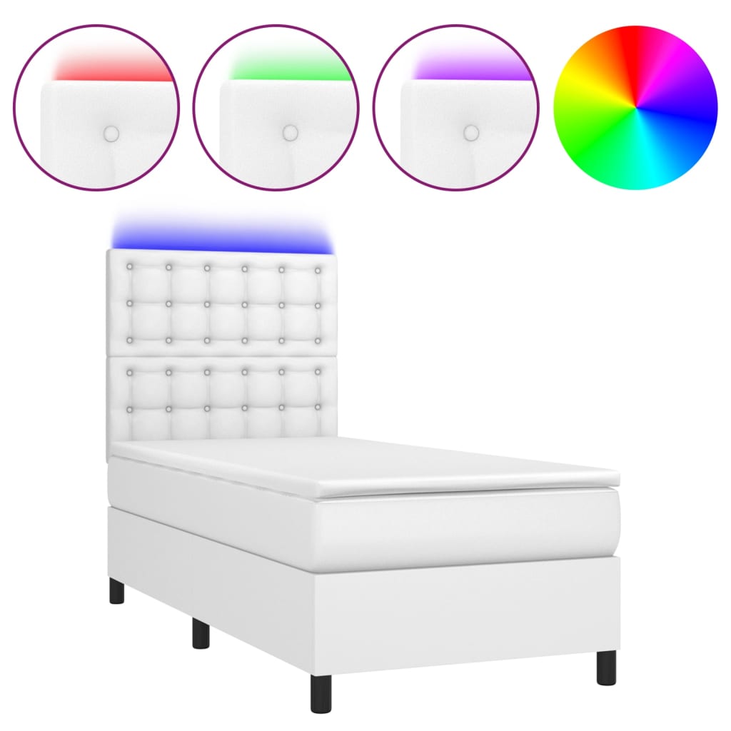 vidaXL Κρεβάτι Boxspring με Στρώμα & LED Λευκό 100x200 εκ. Συνθ. Δέρμα