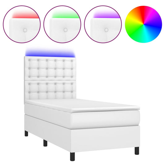 vidaXL Κρεβάτι Boxspring με Στρώμα & LED Λευκό 100x200 εκ. Συνθ. Δέρμα