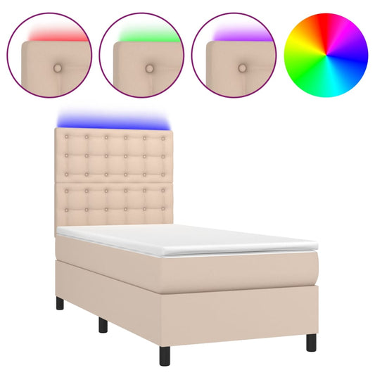 vidaXL Κρεβάτι Boxspring Στρώμα&LED Καπουτσίνο 100x200 εκ. Συνθ. Δέρμα