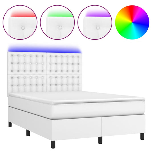 vidaXL Κρεβάτι Boxspring με Στρώμα & LED Λευκό 140x190 εκ. Συνθ. Δέρμα