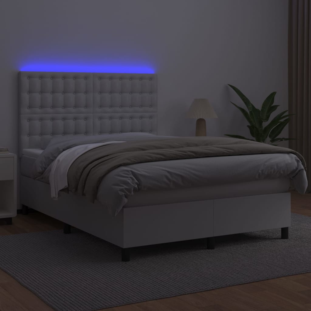 vidaXL Κρεβάτι Boxspring με Στρώμα & LED Λευκό 140x190 εκ. Συνθ. Δέρμα