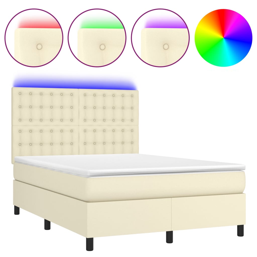 vidaXL Κρεβάτι Boxspring με Στρώμα & LED Κρεμ 140x190 εκ. Συνθ. Δέρμα